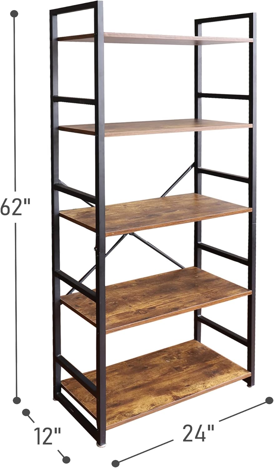 5 Tier Industrial Bookshelf, Wood and Metal, 24 x 12 x 62 I95618