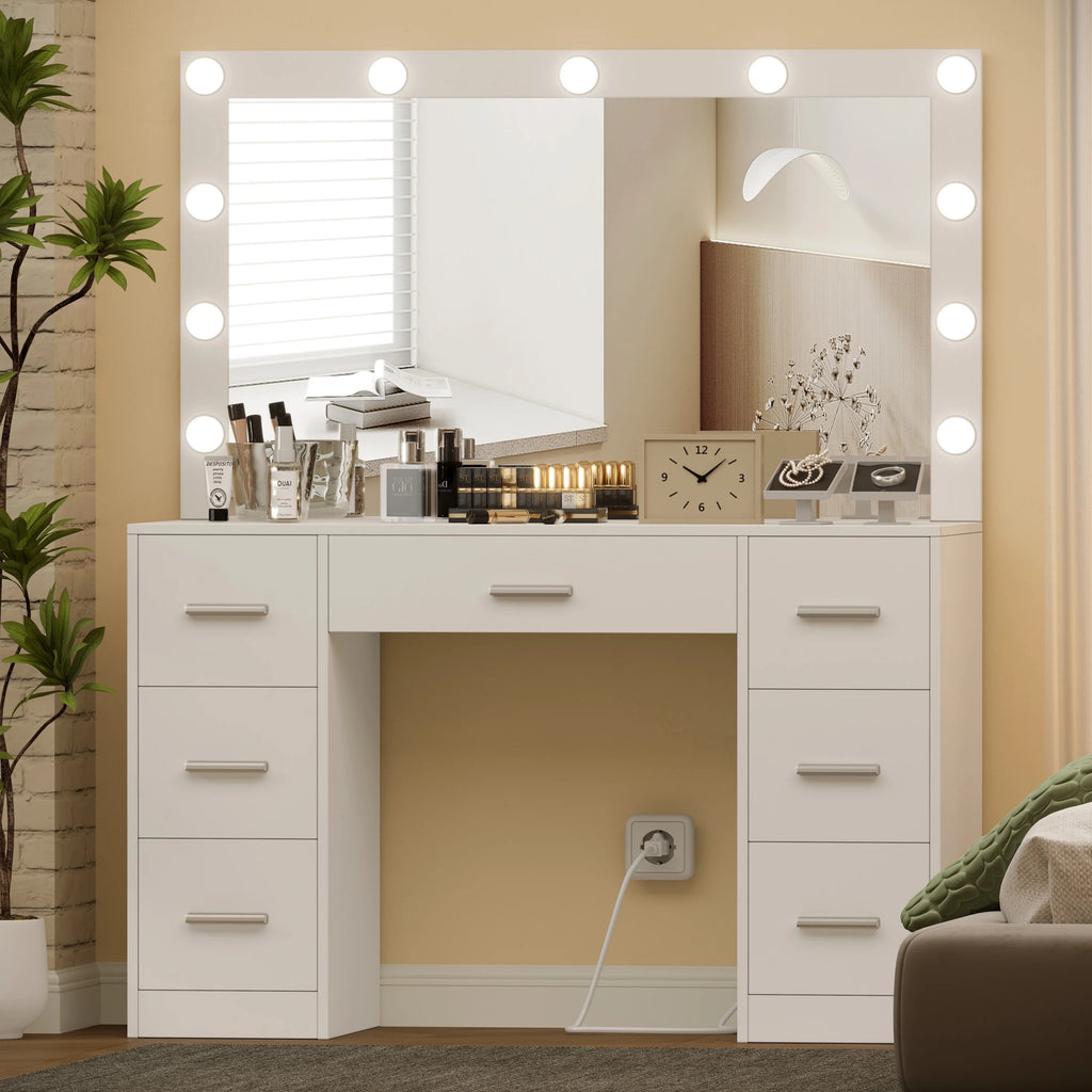 White Makeup Vanity Table with Mirror and 7-Drawer J4073