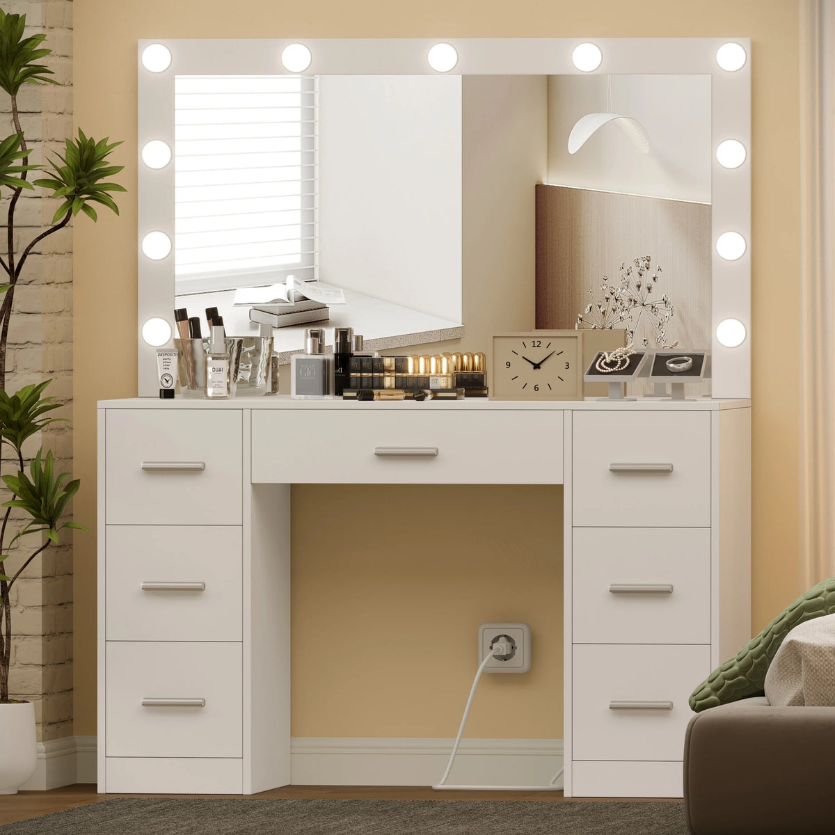 White Makeup Vanity Table with Mirror and 7-Drawer J4073