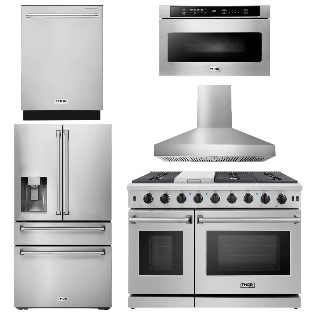 48 Propane Gas Range, Range Hood, Dishwasher, Refrigerator with Water and Ice Dispenser, Microwave W23726