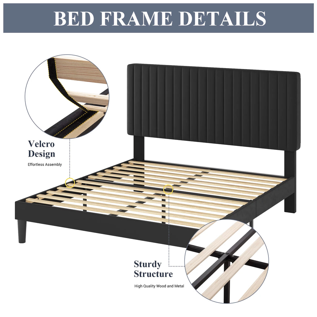 Queen Size Black Velvet Upholstered Platform Bed Frame W138779