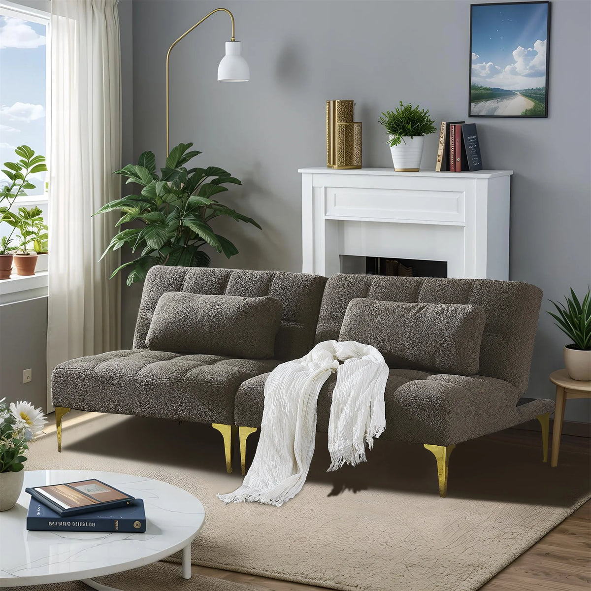 Convertible Sleeper Sofa Bed with Metal Legs and 2 Pillows U74997