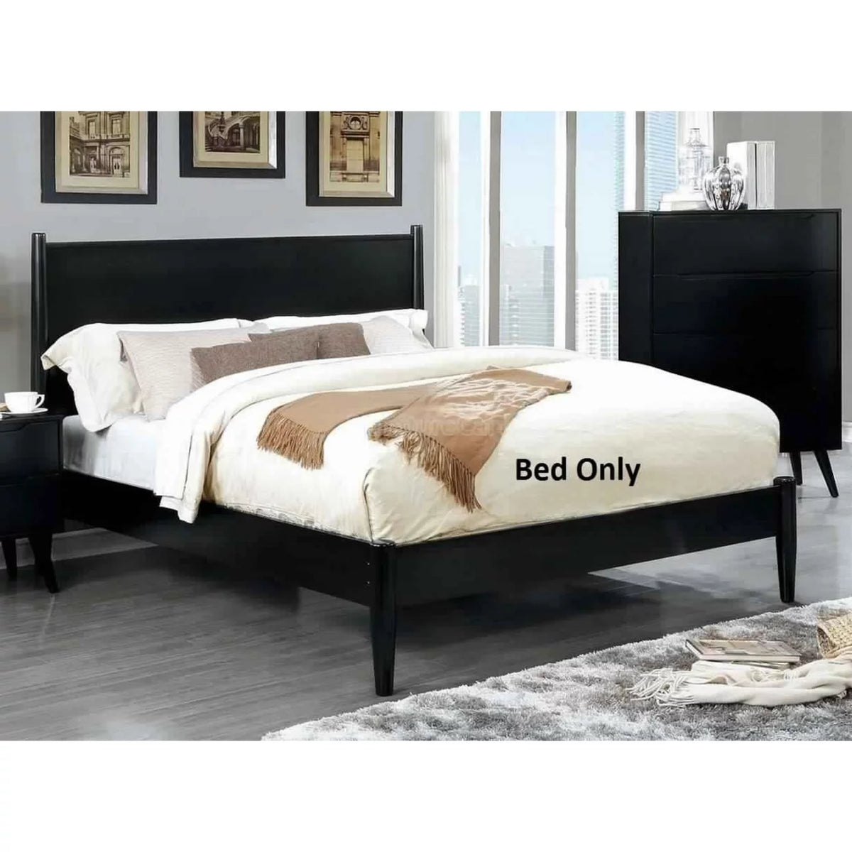 Black Wood Eastern King Size Bed with Panel Headboard L4770