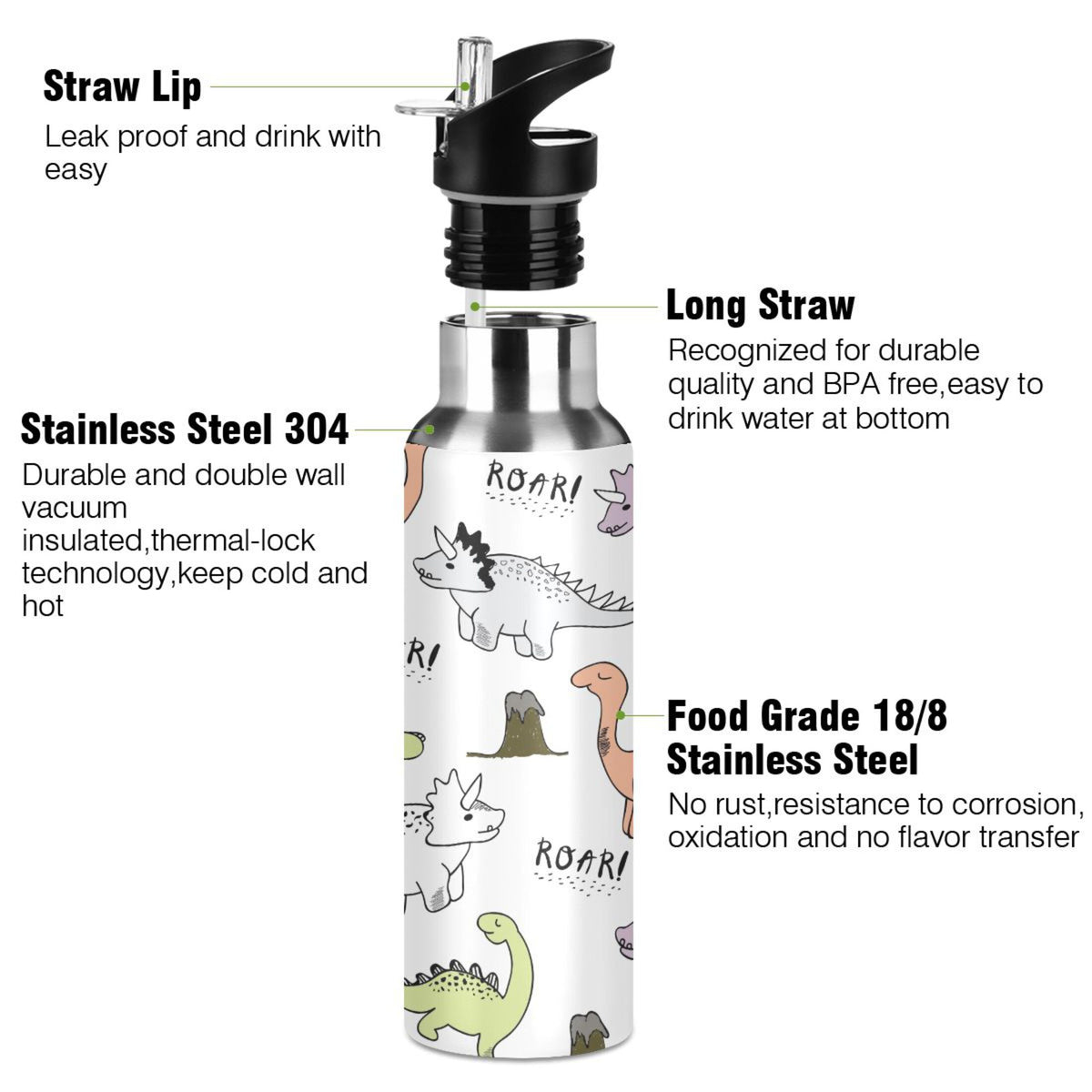 Cartoon Dinosaur Stainless Steel Insulated Water Bottle with Straw Lid C66683