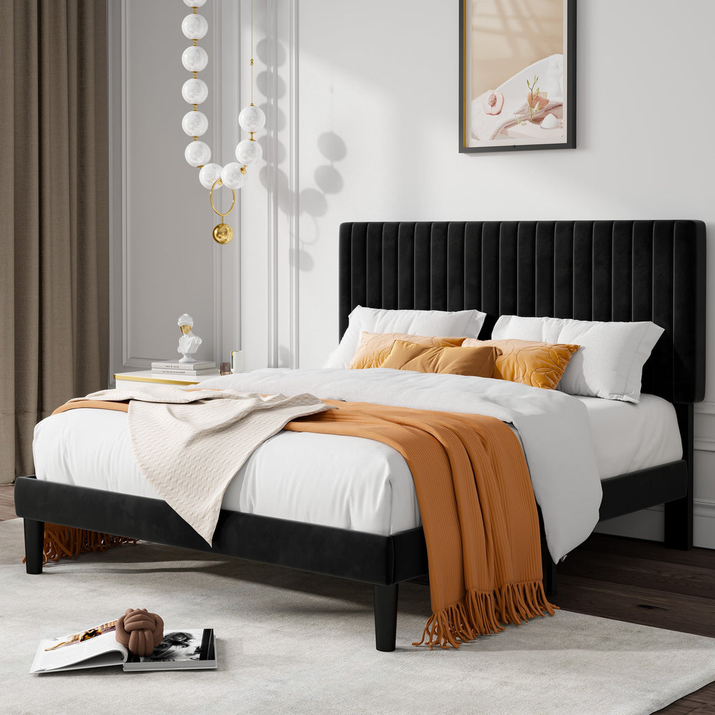 Queen Size Black Velvet Upholstered Platform Bed Frame W138779
