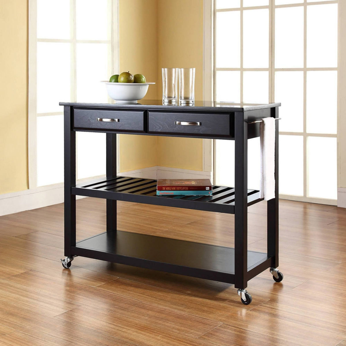 Black Granite Top Kitchen Cart Island with Stool Storage J51536