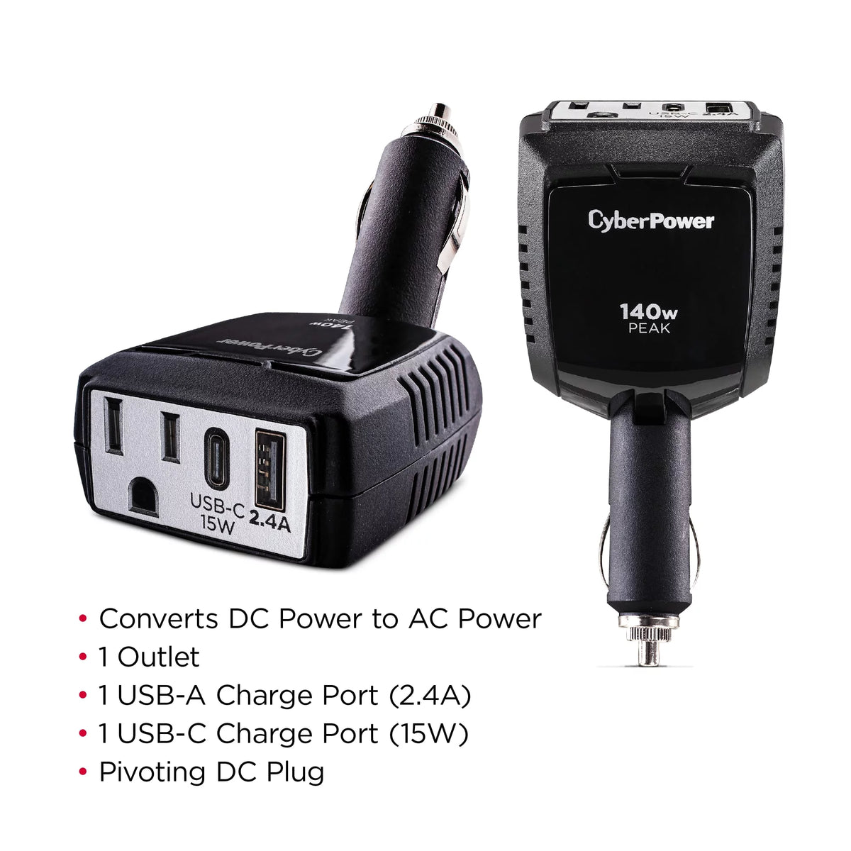 1 Outlet 140 Watt Power Inverter with USB-C & USB-A Port A33097
