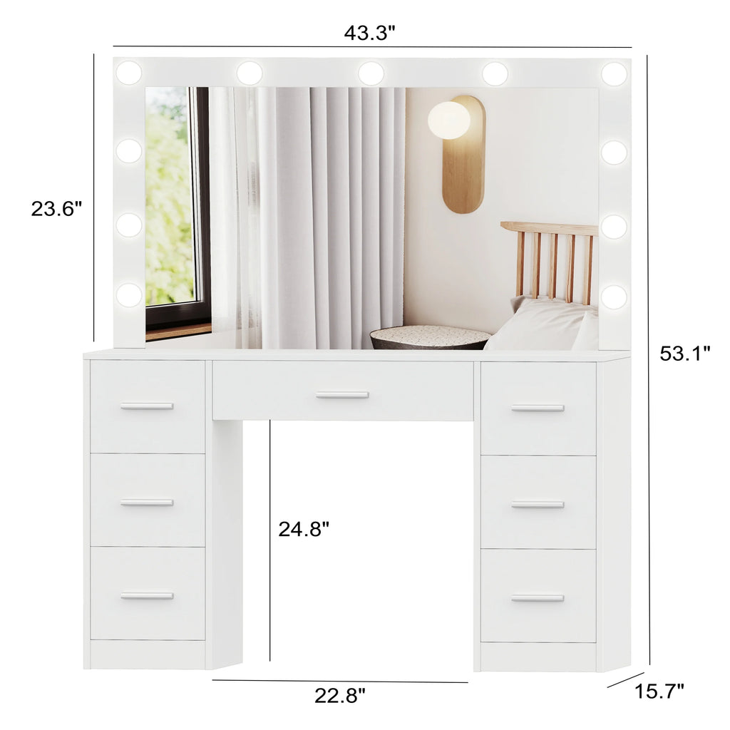 White Makeup Vanity Table with Mirror and 7-Drawer J4073
