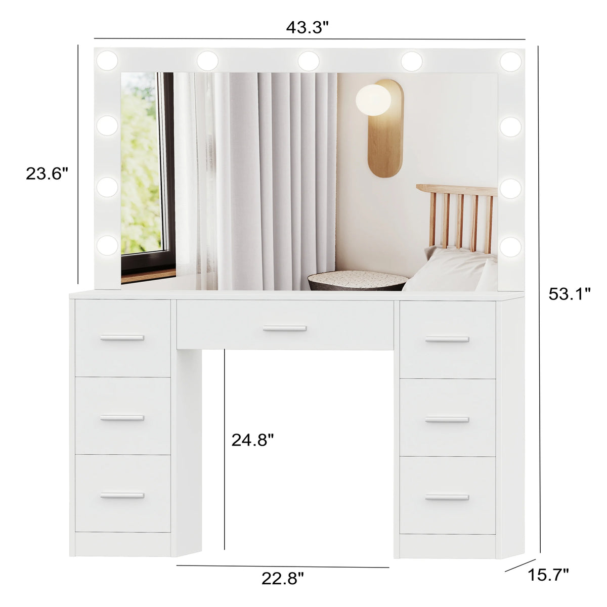 White Makeup Vanity Table with Mirror and 7-Drawer J4073