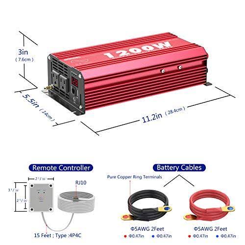 1200W Pure Sine Wave Power Inverter DC 12V to AC 120V with Remote Control USB Port LED Display N10625