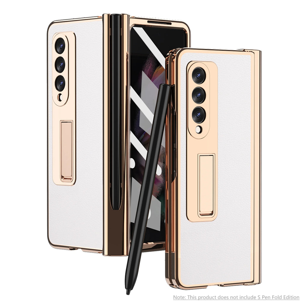 White Lychee Pattern Shockproof Case for Samsung Galaxy Z Fold 3 5G with Tempered Glass Screen Protector V769955