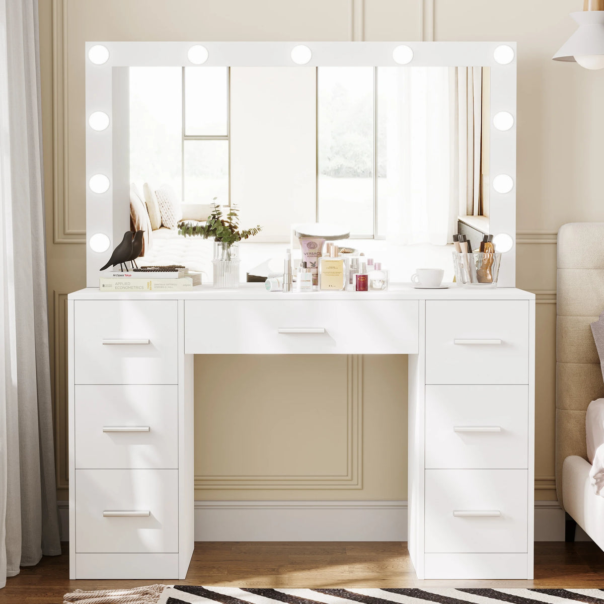 White Makeup Vanity Table with Mirror and 7-Drawer J4073