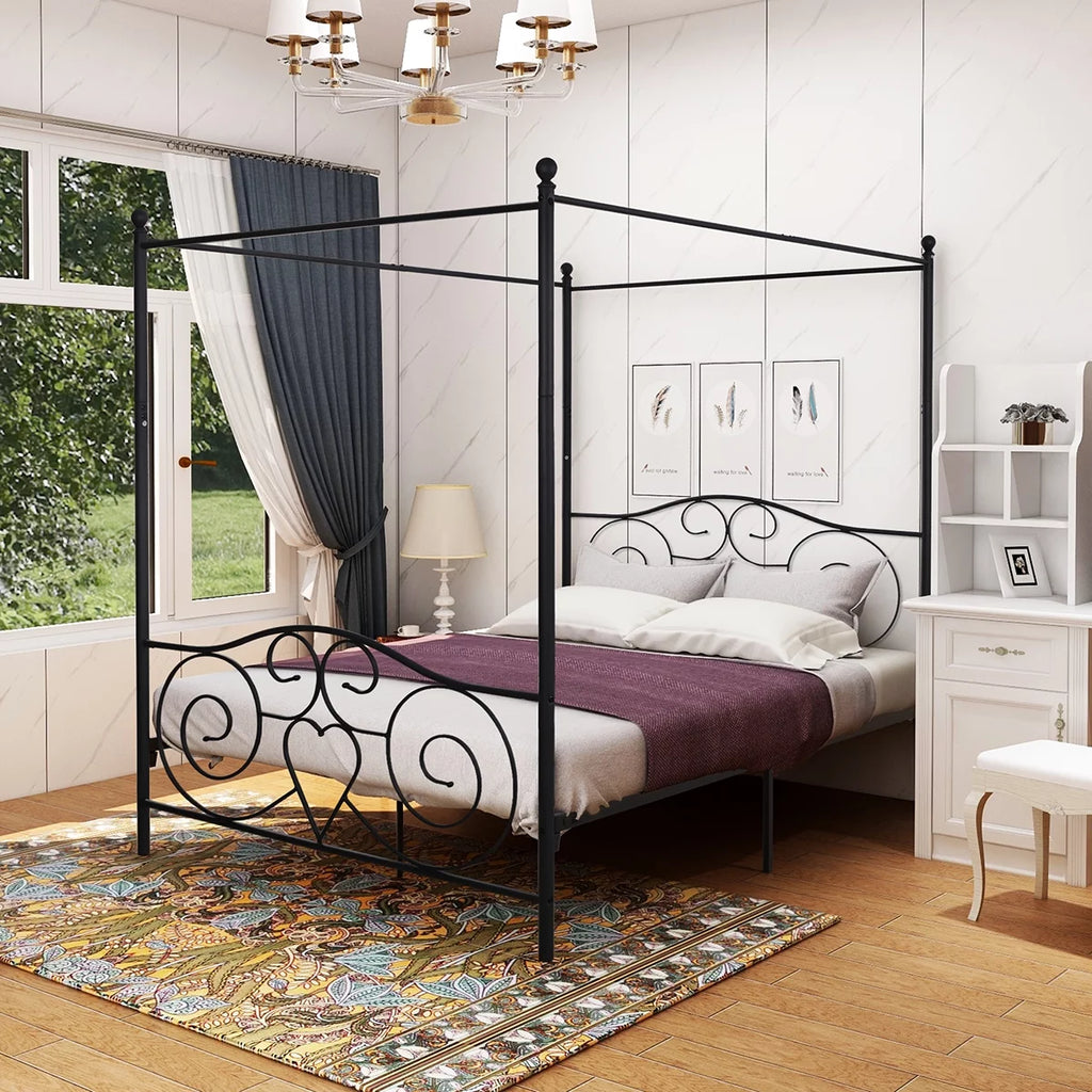Queen Black Metal Canopy Bed Frame with Headboard & Footboard M51286