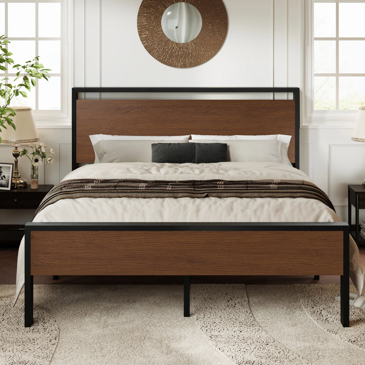 Queen Size Metal Platform Bed Frame with Wood Headboard B376449