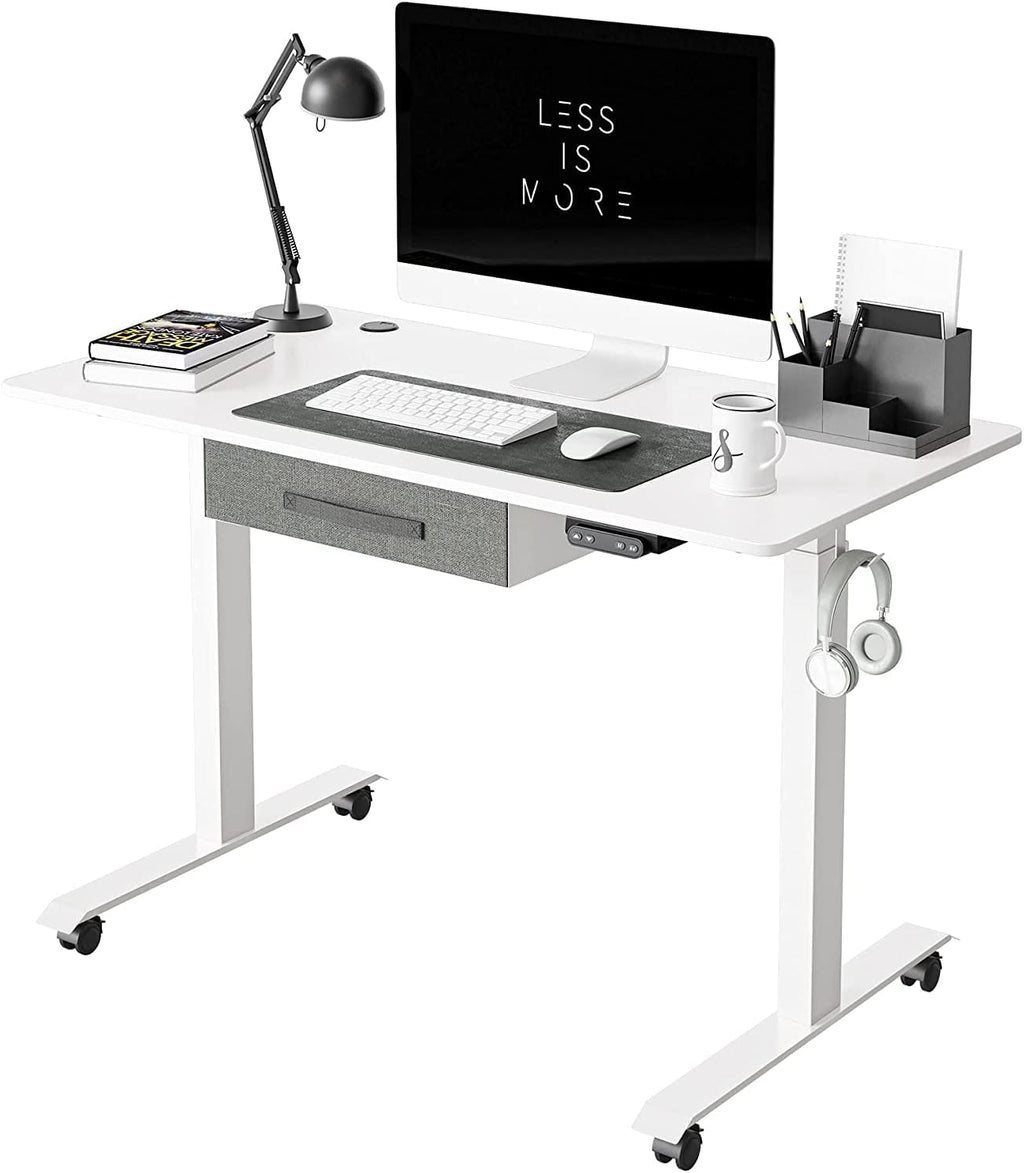 White Frame 55x24 Inches Electric Standing Desk with Drawers T4271