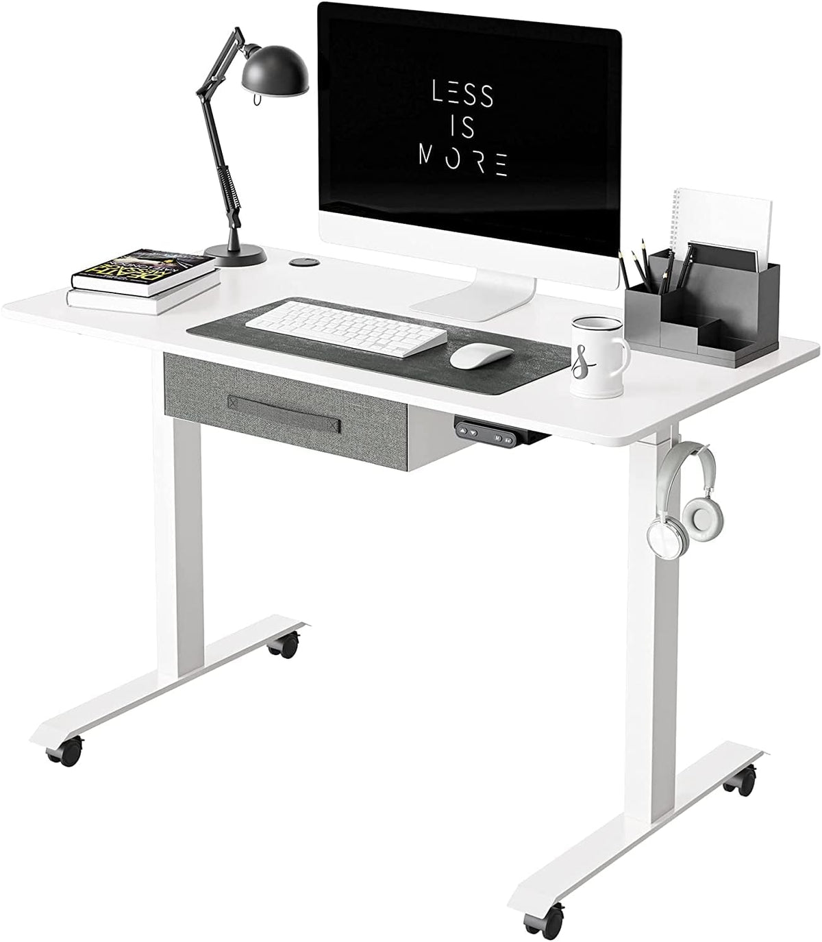White Frame 55x24 Inches Electric Standing Desk with Drawers T4271
