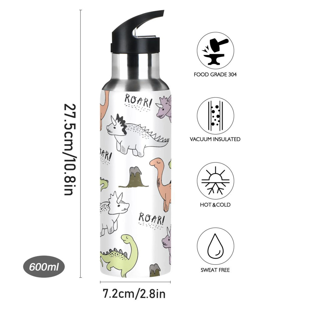 Cartoon Dinosaur Stainless Steel Insulated Water Bottle with Straw Lid C66683