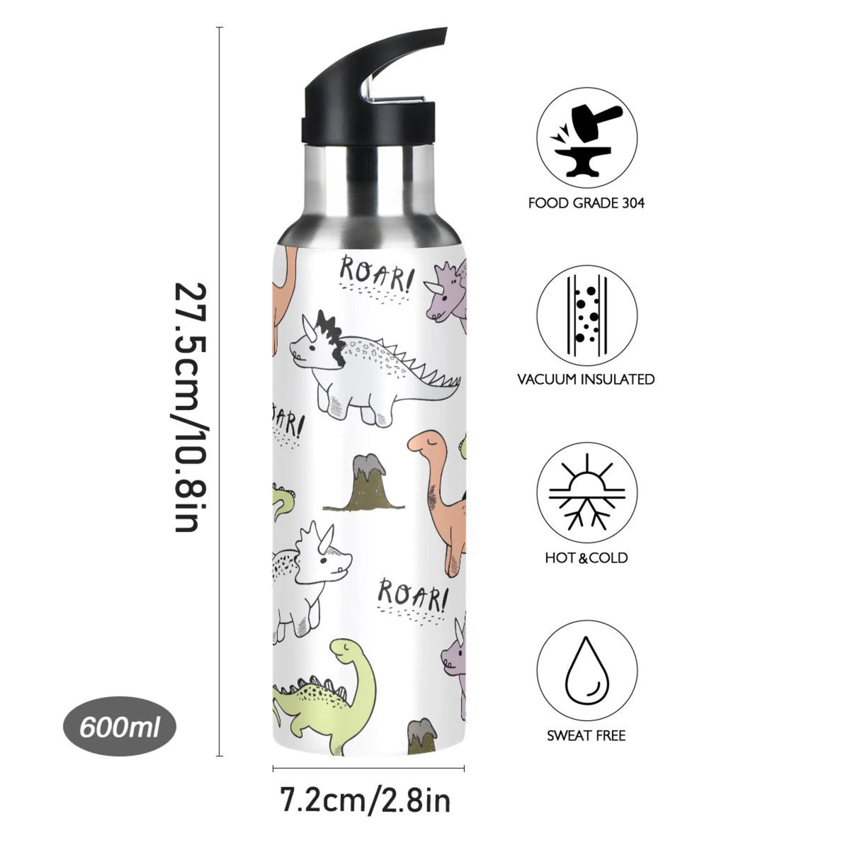 Cartoon Dinosaur Stainless Steel Insulated Water Bottle with Straw Lid C66683