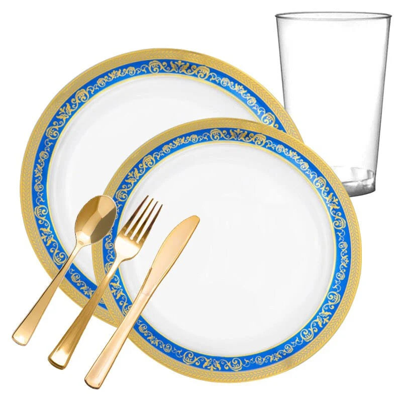 60 Settings White Blue Gold Royal Rim Plastic Wedding Value Set B411