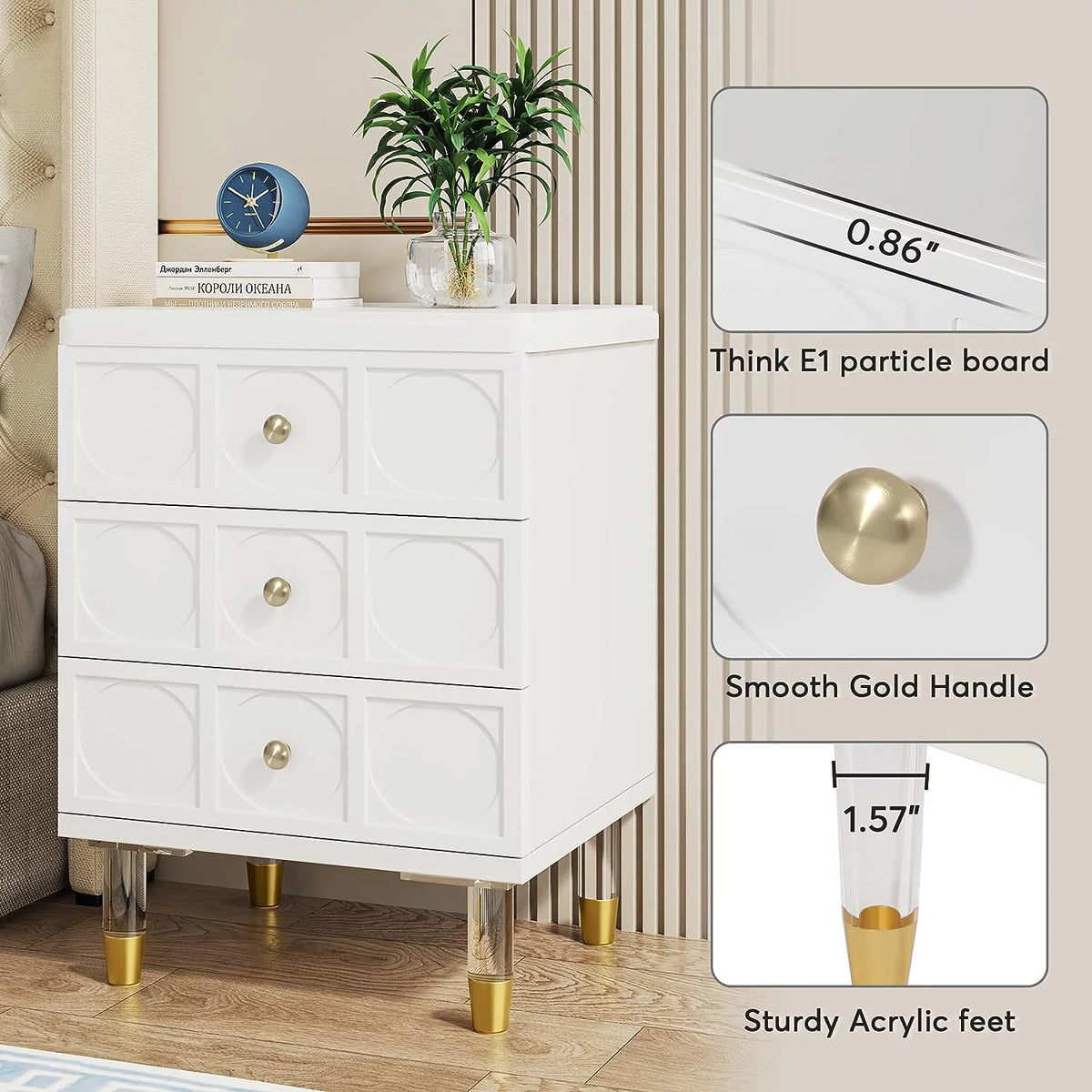 White Gold 3 Drawer Nightstand Z3389