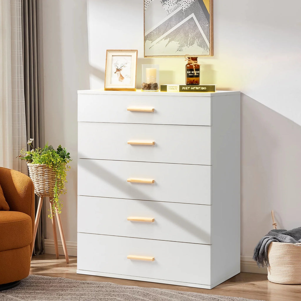 White 5 Drawer Dresser with Tempered Glass Top W83098