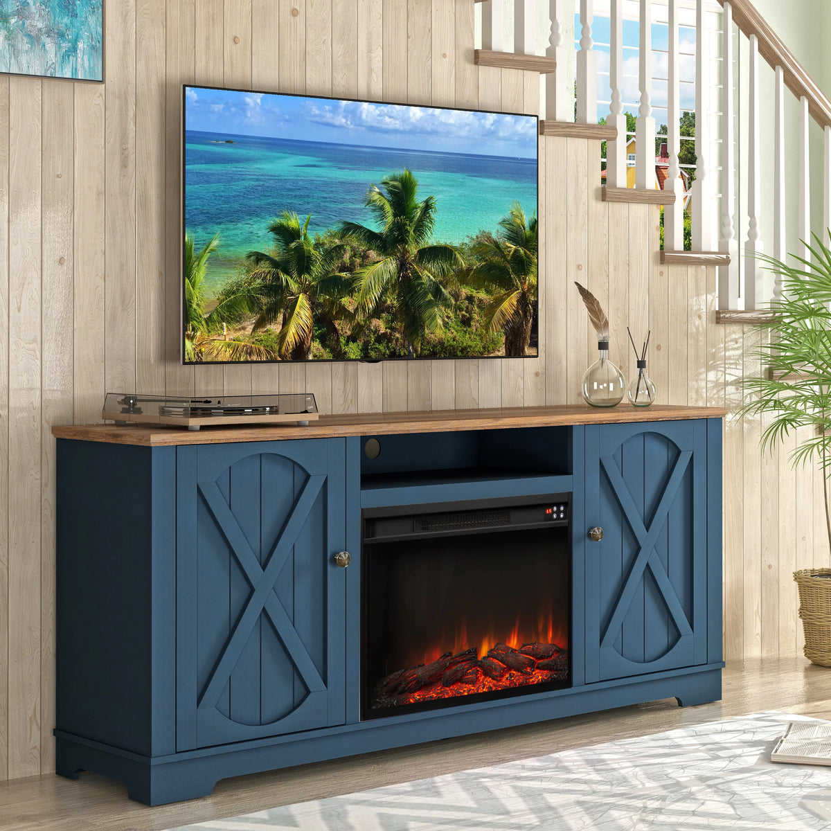 70" Farmhouse TV Stand with Fireplace A526