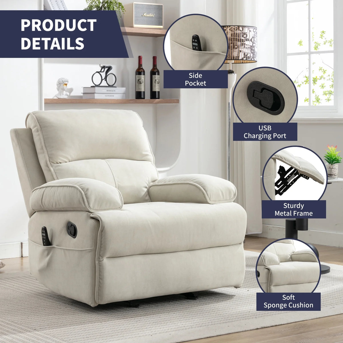 Beige Velour Recliner Chair with Heat Vibration B499