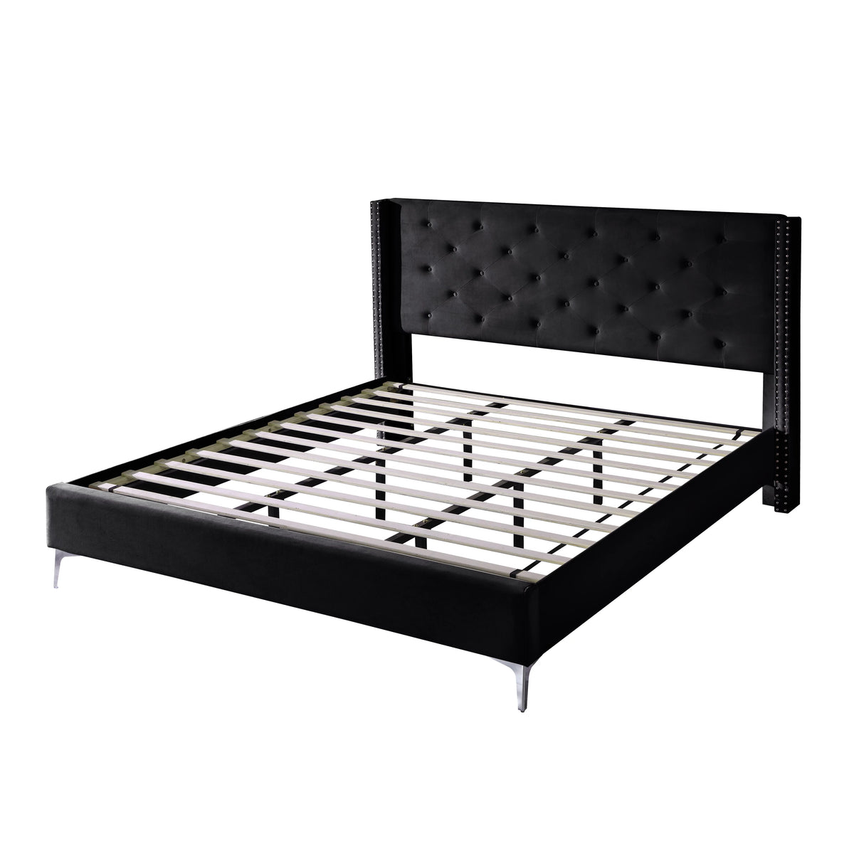 Wood Platform Bed Frame with Upholstered Headboard King Black Q11557