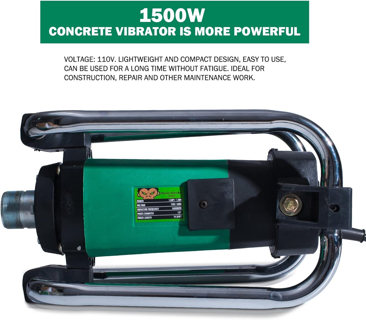 Concrete Vibrator 110V/50HZ 16000RPM with 4.5M Poker, 38MM Diameter Head G60560