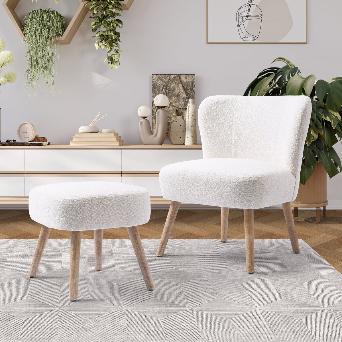 Cream Boucle Wingback Accent Chair and Ottoman Set G439584