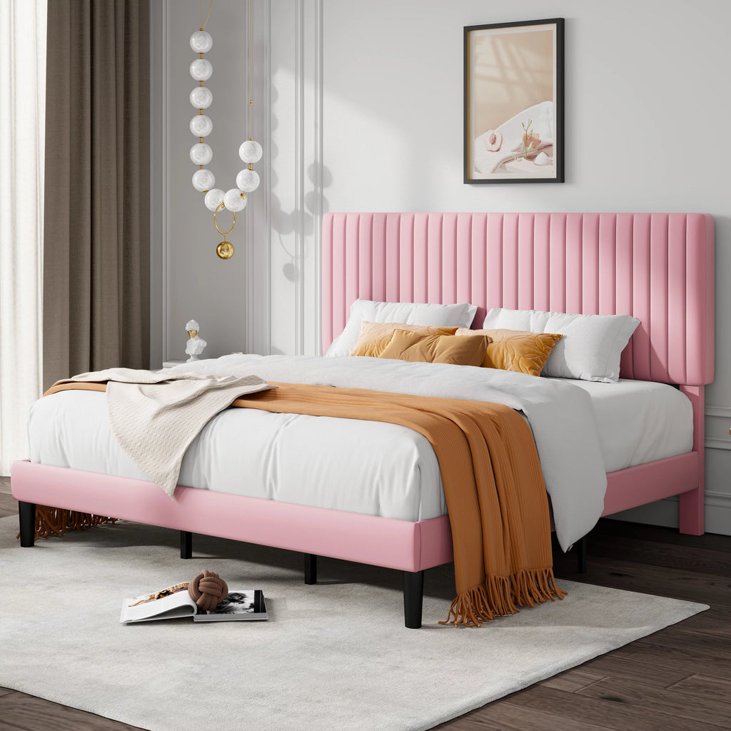 Queen Size Black Velvet Upholstered Platform Bed Frame W138779
