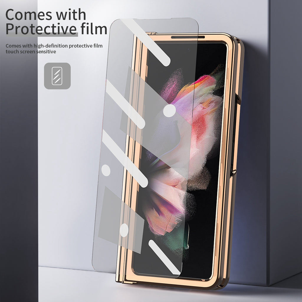 White Lychee Pattern Shockproof Case for Samsung Galaxy Z Fold 3 5G with Tempered Glass Screen Protector V769955