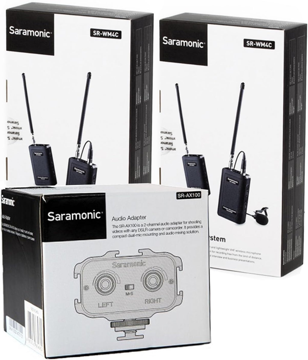 Dual Wireless VHF Lavalier Microphone Bundle with 2 Transmitters, 2 Receivers and Audio Mixer A913