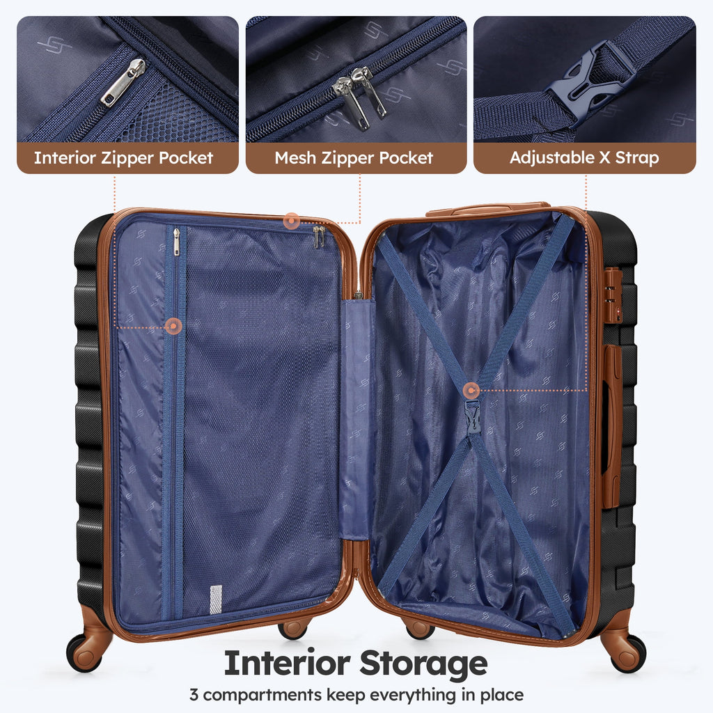 20 inch Carry-on Luggage Spinner Suitcase with Expandable Duffel Bag Travel Set, Black Tan X683