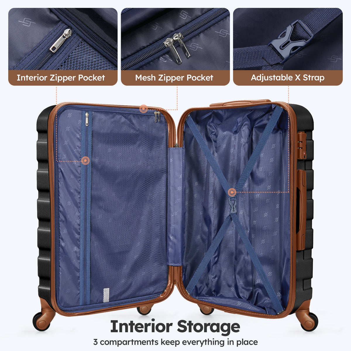 20 inch Carry-on Luggage Spinner Suitcase with Expandable Duffel Bag Travel Set, Black Tan X683